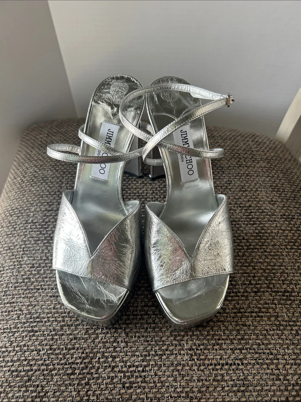Jimmy Choo Karli 125 Silver Metallic Platform Sandals Disco Glam 39 Disco Glam
